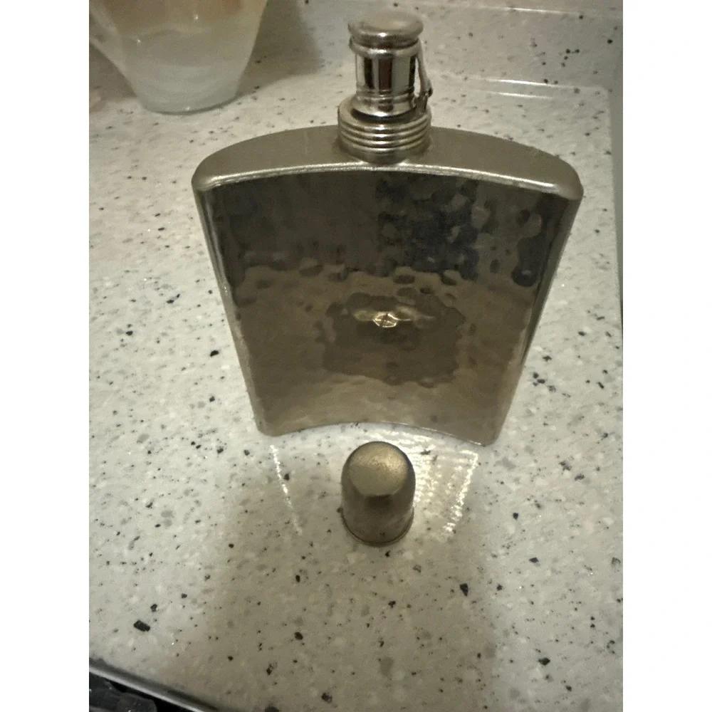 Vintage AHS Germany Hammered Pewter Hip Flask 8oz Tin Lined Kidney Shape Silver